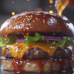 Juicy cheeseburger close up food photography