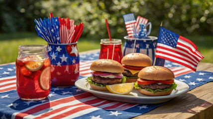 Patriotic Picnic Burgers Flag and Festive Drinks