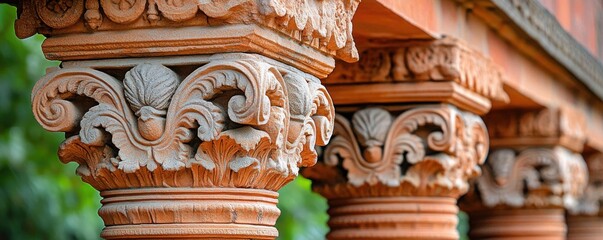 Fototapeta premium Intricate Detail of Carved Columns with Floral Patterns in Architecture