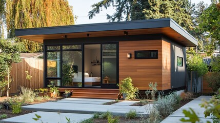 A stunning image of accessory Dwelling Unit (ADU) A modern tiny house concept showcasing the versatility and efficiency of accessory dwelling units, perfect for urban living and.