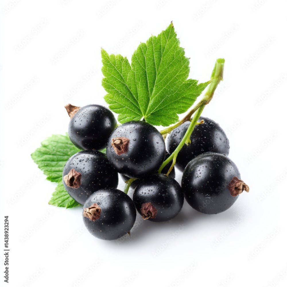 Poster a close up view of a cluster of black currants with leaves on a white background studio shot