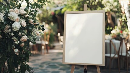 A stunning image of blank white welcome sign mockup, size is 24 by 36 inches in portrait orientation, on an easel during a wedding party.