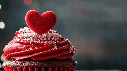 Delicious cupcakes with red frosting and heart toppers sparkle in festive bokeh lighting - Powered by Adobe