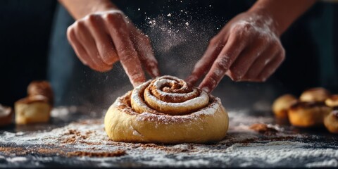 Artisan baker shaping cinnamon roll