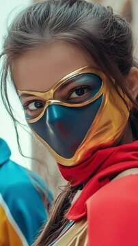 Close up of a person wearing a blue and gold mask with a red scarf looking at the camera directly