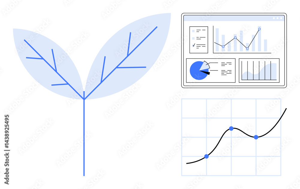 Poster leaf symbolizing growth alongside data analytics screen with charts, graphs, and insights. ideal for