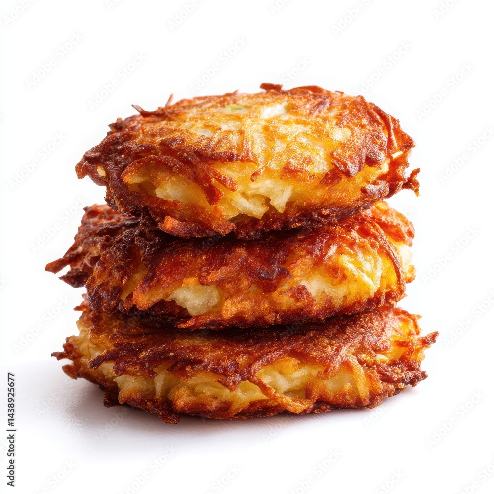 Poster close-up of a stack of three golden brown potato latkes on a white surface in a square format