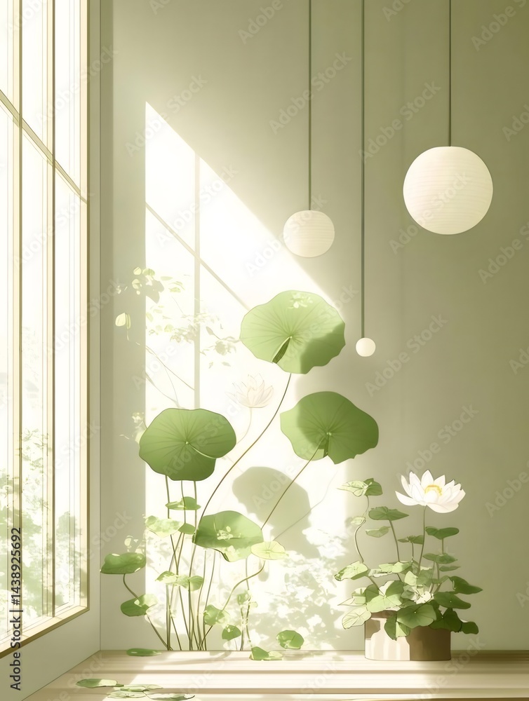 Aufkleber 白い壁と窓の室内空間に咲く蓮の花と葉 緑色の葉と白丸の照明による穏やかな雰囲気