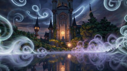 Ethereal purple and white mist enveloping mystical castle, softly reflecting on tranquil water surface during twilight, creating mesmerizing fantasy landscape