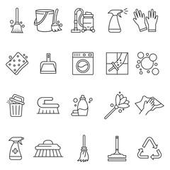Professional cleaning and hygiene icon set featuring essential tools and symbols for housekeeping, janitorial services, and sanitation maintenance with design.