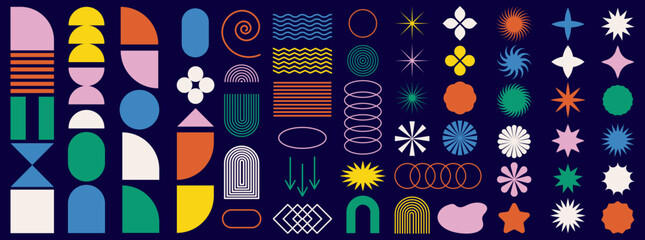 Brutalist abstract geometric vector composition featuring colorful shapes, symmetrical elements, with modern retro aesthetics for posters, social media design, or digital illustration work