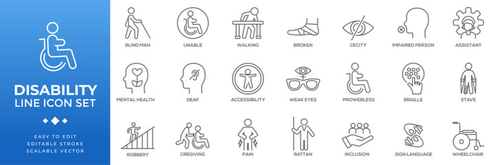 Disability icon set featuring accessibility symbols including wheelchair users, blind individuals, sign language, and mental health awareness, designed for digital and print use.
