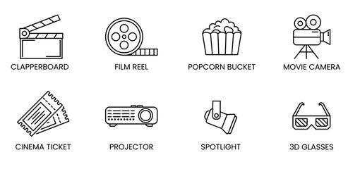Cinema icon set featuring film reel, popcorn bucket, movie camera, ticket, spotlight and 3D glasses, perfect for movie theater designs, film festival promotions and entertainment industry projects.