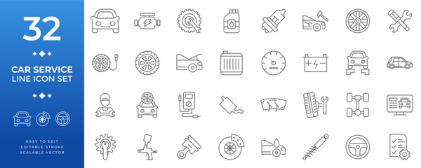 Car service line icon set featuring 32 editable stroke automotive symbols including vehicle maintenance, repair tools, engine parts, dashboard elements, and mechanical components in vector style