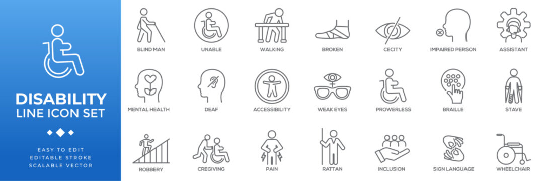 Disability icon set featuring accessibility symbols including wheelchair users, blind individuals, sign language, and mental health awareness, designed for digital and print use.