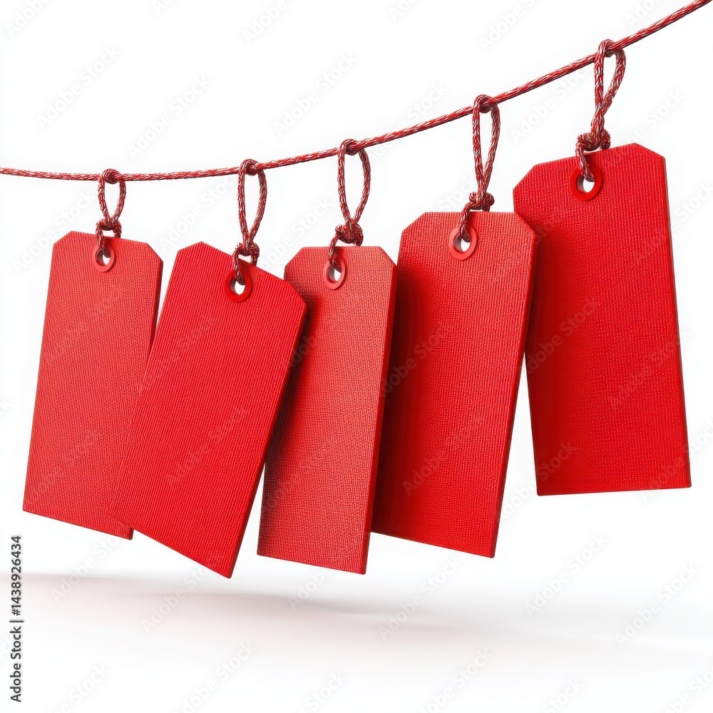 Poster five red tags hanging on a red string against a white background. red price tag with string