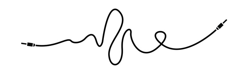 Vector illustration of a black audio cable with 3.5mm jack connectors forming a creative wave line on a white background, perfect for music themed banner, poster, or digital design