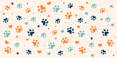 Seamless vector pattern featuring colorful dog and cat paw prints with hearts and stars in navy blue, orange, and teal on a light beige background, ideal for pet-themed textile and wrapping designs