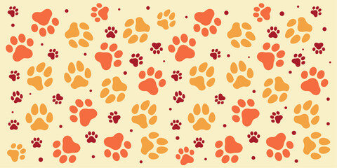 Seamless pattern with colorful dog and cat paw prints in orange, yellow, and red tones on a beige background, ideal for pet-themed vector designs, wrapping paper, textiles, and wallpapers