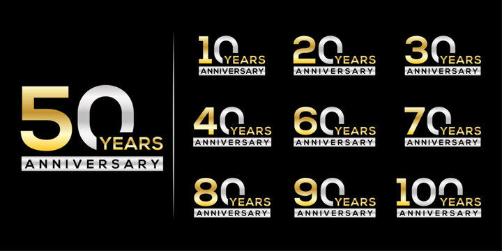 Elegant anniversary number set featuring 10 to 100 years in gold and silver gradient text on black background, ideal for celebration templates, event banners, greeting designs, and vector illustration