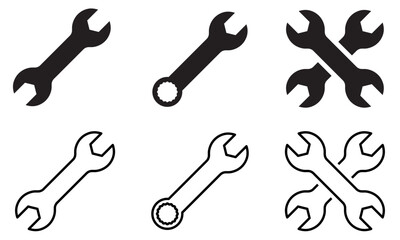 Set of Wrench Icons in Solid and Outline Styles for Tools, Repair, Settings, Maintenance, Mechanical Services, Construction, Engineering, and Industrial Applications, Perfect for Vector Illustration