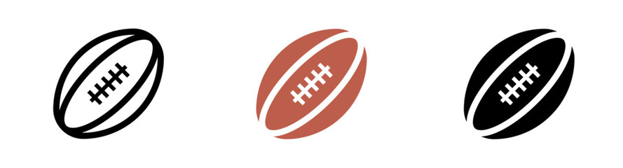 Rugby Sports Icon Collection featuring game balls in various angles and styles, perfect for sports apps, team branding, athletic presentations and rugby tournament promotions in clean vector format