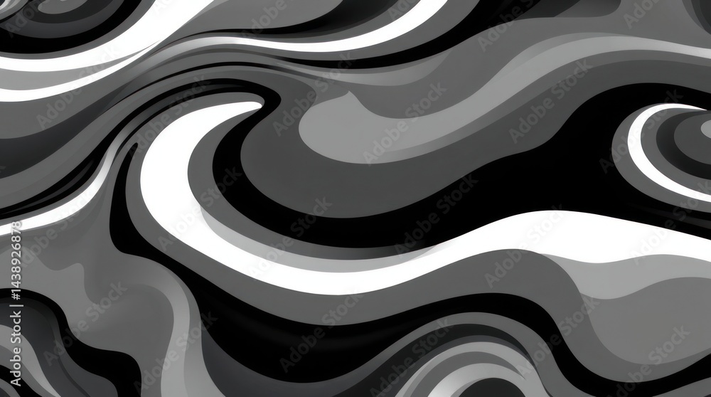 Poster abstract grayscale swirling pattern with fluid, wave-like forms