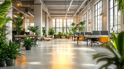 A stunning image of abstract office interior background. Blurry office space. Modern workspace design. Glass walls, blurred furniture, plants. Natural light, commercial building.