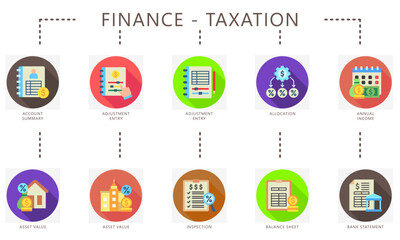 Taxation rounded flat color icons set. Contain adjustment entry, income, asset, balance sheet, inspection, bank statement and more. Vector for UI, UX kit, digital, print, web and app development.