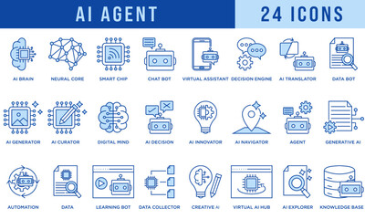 AI agent icon set with chatbot, neural network, data bot, automation, smart chip, virtual assistant, digital brain, futuristic elements, and technology illustrations for innovation and software design