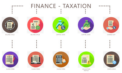 Taxation rounded flat color icons set. Contain billing cycle, capital gain, claim form, charge slip, compliance, notice, alert and more. Vector for UI, UX kit, digital, print, web and app development