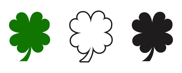 Fototapeta premium Flat icon set of three leaf clovers in green, black, and outlined styles, minimalist lucky shamrock symbols for St. Patrick's Day, vector illustrations, nature design, web, print, and decoration
