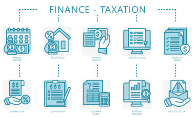 Taxation dual tone set. Contain annual income, deposit, charge, slip, liability, notice, form, expense tracker, filling and more. Vector for UI, UX kit, digital, print, web and app development.