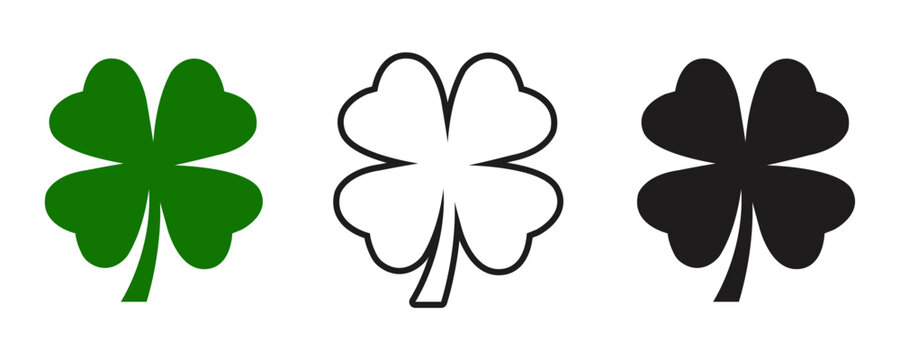 Flat icon set of four leaf clovers in green, black, and outlined styles, lucky charm symbols for St. Patrick's Day, vector art, print, web graphics, nature motifs, and decorative holiday use
