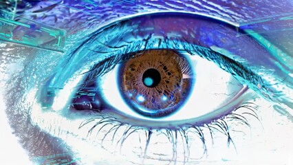 Human eye revealing advanced technological visualization, streaming digital data and augmented reality information through complex biometric scanning and neural processing