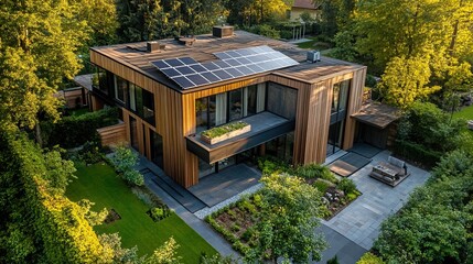 A stunning image of modern wooden house with solar panels on the roof in green eco-friendly area. Contemporary villa design. Solar energy, eco-home, sustainable living, renewable.