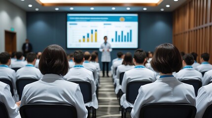 Medical professionals attending a formal seminar in a modern conference room, focused on a scientific presentation with charts and data analysis on a large digital screen