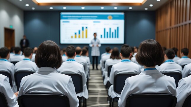 Medical professionals attending a formal seminar in a modern conference room, focused on a scientific presentation with charts and data analysis on a large digital screen
