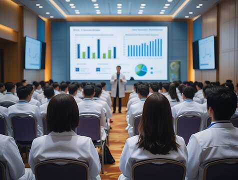 Medical professionals attending a formal seminar in a modern conference room, focused on a scientific presentation with charts and data analysis on a large digital screen
