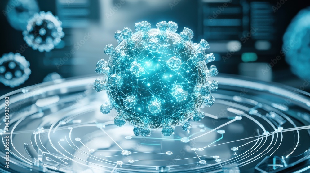 Poster close-up view of a single artificial cell with complex structures and design in a futuristic digital
