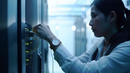 A focused female technician in a lab coat expertly manages network connections within a data center, showcasing her skills in IT infrastructure and technology operations.