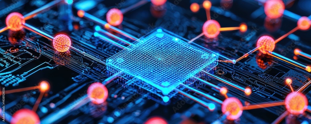 Poster close up of atomically precise nanowires forming on a circuit board with vibrant electrons transmitt