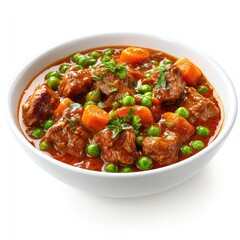 Fototapeta premium Delicious hot beef stew and meatballs with vegetables and rice, a hearty meal perfect for dinner or lunch
