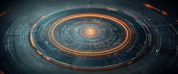 Futuristic digital abstract with glowing orange and blue circular patterns on dark background