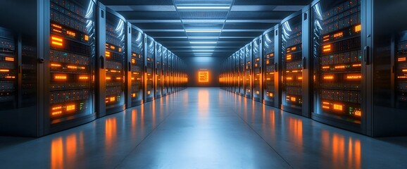 Data center hallway with servers glowing orange in a cool-toned environment. AI symbol at the end
