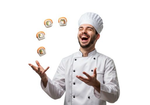 Chef joyfully tossing sushi rolls against black background