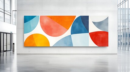 Abstract watercolor artwork hangs in a bright, modern hallway setting