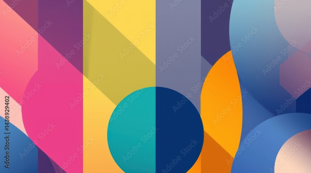 Poster abstract geometric artwork with vibrant colors and layered shapes, creating a dynamic visual composi