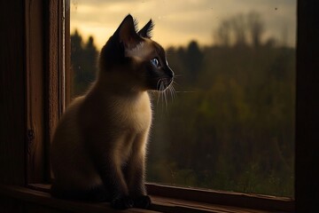 Siamese kitten gazing out window