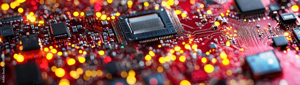 Poster close-up of nano-scale transistor on circuit board with colorful lights and switching effects in mod